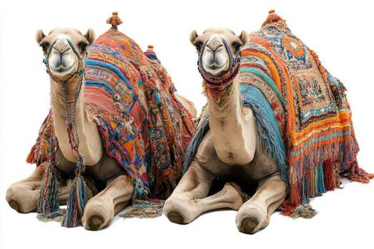 Two camels resting with colorful blankets in a desert landscape photo