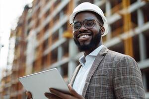 Construction professional smiles while reviewing plans at site photo
