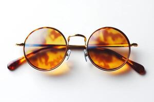 Stylish round sunglasses with tortoiseshell frames on a white surface photo