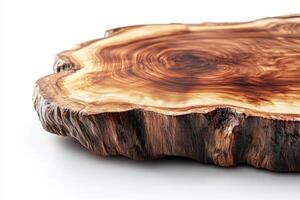 Wood slab with unique grain pattern displayed on white background photo
