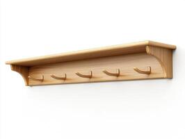 Wooden wall shelf with hooks for organization and storage photo