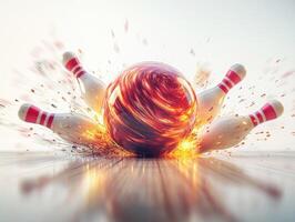 Bowling ball strikes pins with explosive energy in indoor alley photo
