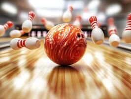 Bowling ball strikes pins in alley during recreational game photo