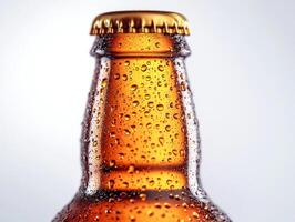 Refreshing beer bottled beverage with droplets glistening under light photo