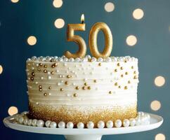 Celebratory white cake with golden decorations for a special event photo