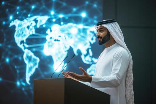 Leader speaks at global conference with digital map behind photo