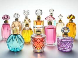 Collection of colorful perfume bottles displayed artistically photo