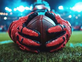 Close-up of football player gripping ball on field at night photo