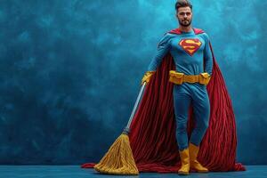 Superhero in costume cleaning with a broom in a studio setting photo