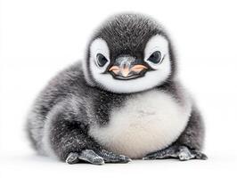 Cute baby penguin looking curiously at the camera in a bright setting photo