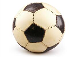 Classic black and white soccer ball resting on a white surface photo