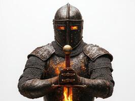 Armored knight with a glowing sword on a neutral backdrop photo