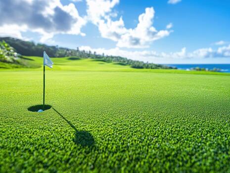 Golf course with ocean view under a clear sky at midday photo