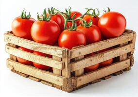 Freshly harvested tomatoes in a wooden crate ready for market photo