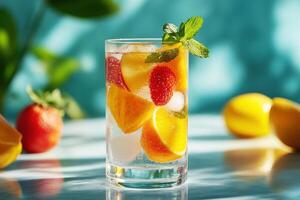 Refreshing summer drink with fruits and mint on a sunny day photo