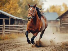 Running horse in action at a rustic countryside barn photo