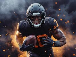 Intense football player charges through smoky backdrop during game photo