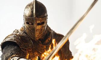 Medieval warrior in armor wielding a flaming sword during battle photo