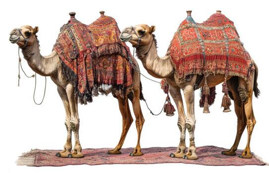 Camels with decorative saddles resting on a colorful rug photo