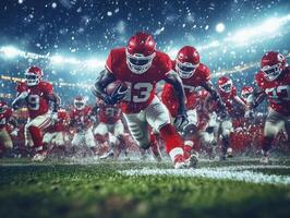 Exciting football match under snowy conditions at a packed stadium photo