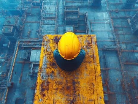 Construction worker observing project site from height in urban area photo