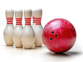 Bowling ball rolls towards pins in a classic bowling alley setup photo