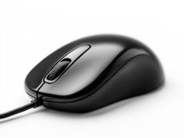 Black computer mouse on a white surface with a sleek design photo