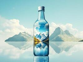Clear water bottle reflecting mountains and sky in serene landscape photo