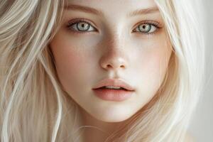 Young woman with striking eyes and light hair in soft lighting photo