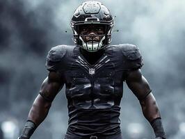Strong football player in black uniform preparing for game photo