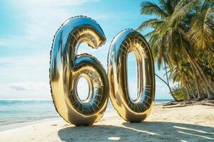Celebration of a 60th birthday on a sunny beach with palm trees photo