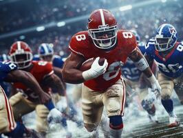 Running back charges through defenders in intense football match photo