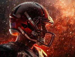 Football player in action during a stormy night photo
