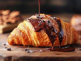 Delicious chocolate croissant drizzled with sauce on wooden table photo