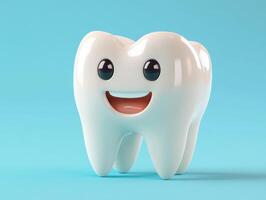 Smiling cartoon tooth character on blue background photo