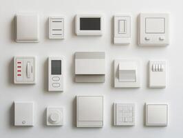 Variety of modern electrical switches and control panels displayed photo