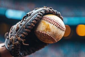 Baseball mitt holding a worn ball during a game warm-up photo