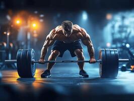Weightlifting session at a gym during evening hours photo