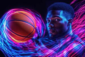 Dynamic basketball player showcasing skills with vibrant lights photo
