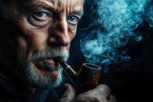 Elderly man with pipe exuding confidence and mystery photo