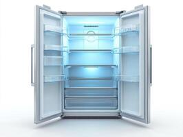 Empty refrigerator with bright interior lighting in modern kitchen photo