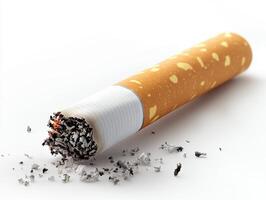Cigarette with ash on white background showcases smoking habit photo