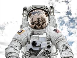 Astronaut exploring the vastness of space with Earth reflections photo