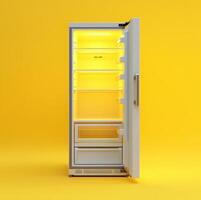 Modern refrigerator with bright interior against yellow background photo