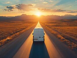 Road trip adventure at sunset along a scenic highway photo