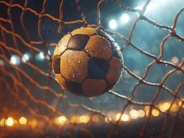 Soccer ball caught in the net during a rainy evening match photo