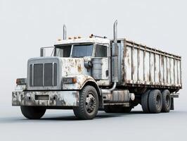 Old rusty dump truck parked against a neutral background photo