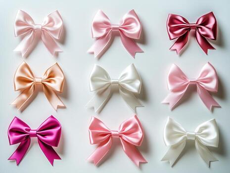 Variety of colorful satin bows arranged neatly on a background photo