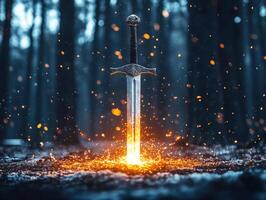 Mystical sword surrounded by glowing sparks in dark forest photo