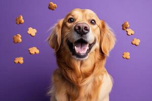 Happy dog catching treats against a purple background photo